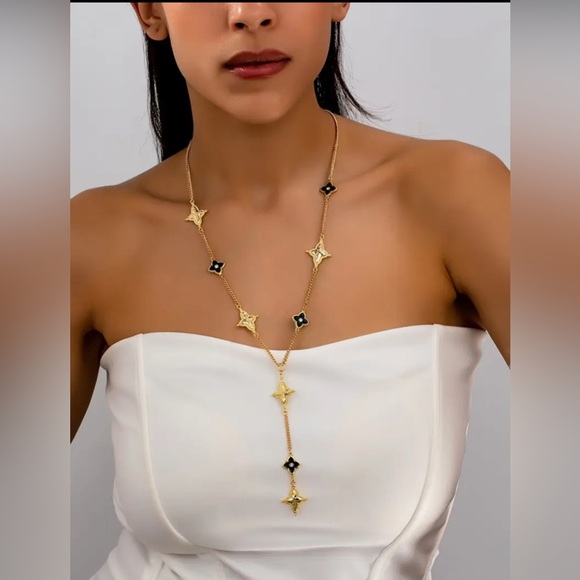 Jewelry - 18k Gold and Black Flower Lucky Clover Y-Drop Necklace Waterproof, Tarnishproof